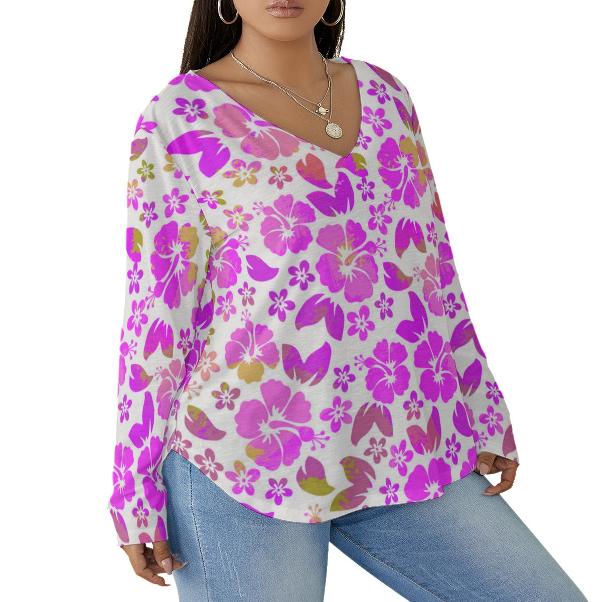 Women's Hawaiian Hibiscus Flowers V-neck T-shirt With Curved Hem(Plus Size)