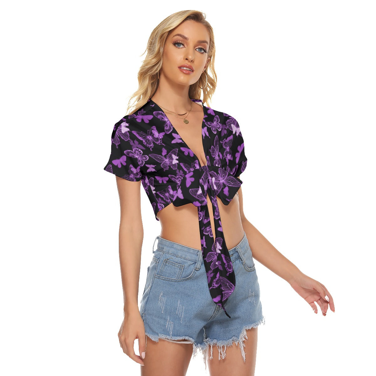 Black With Pink Butterflies Women's Bandage Crop Top