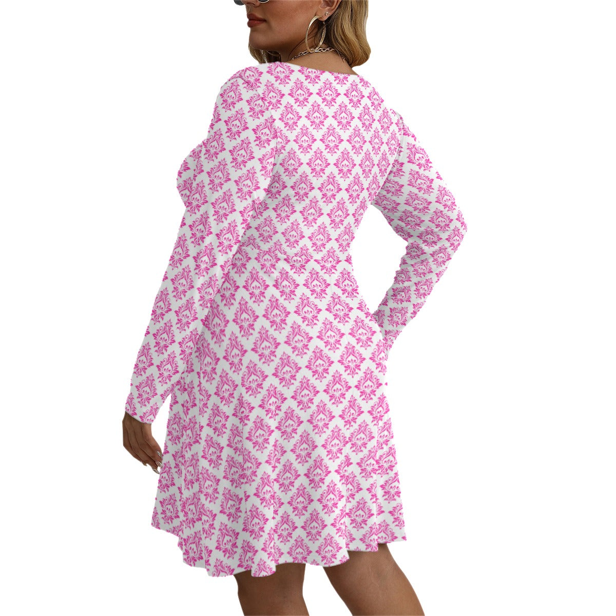 Royalty Made Pink & White Women's V-neck Long Sleeve Dress (Plus Size)