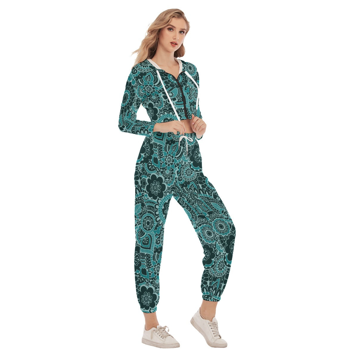 Cute Teal Flower Women's Crop Hoodie Sports Sets