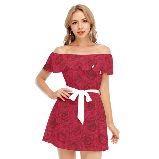 Red Roses Off-shoulder Dress With Ruffle