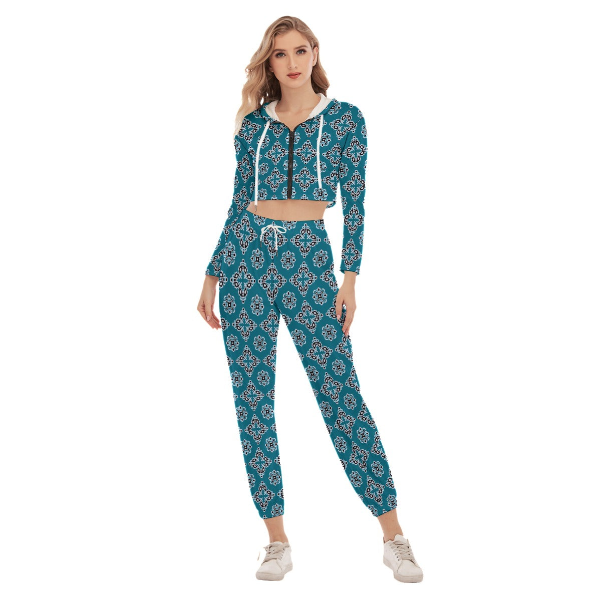 Blue Ethnic Tribal Women's Crop Hoodie Sports Sets