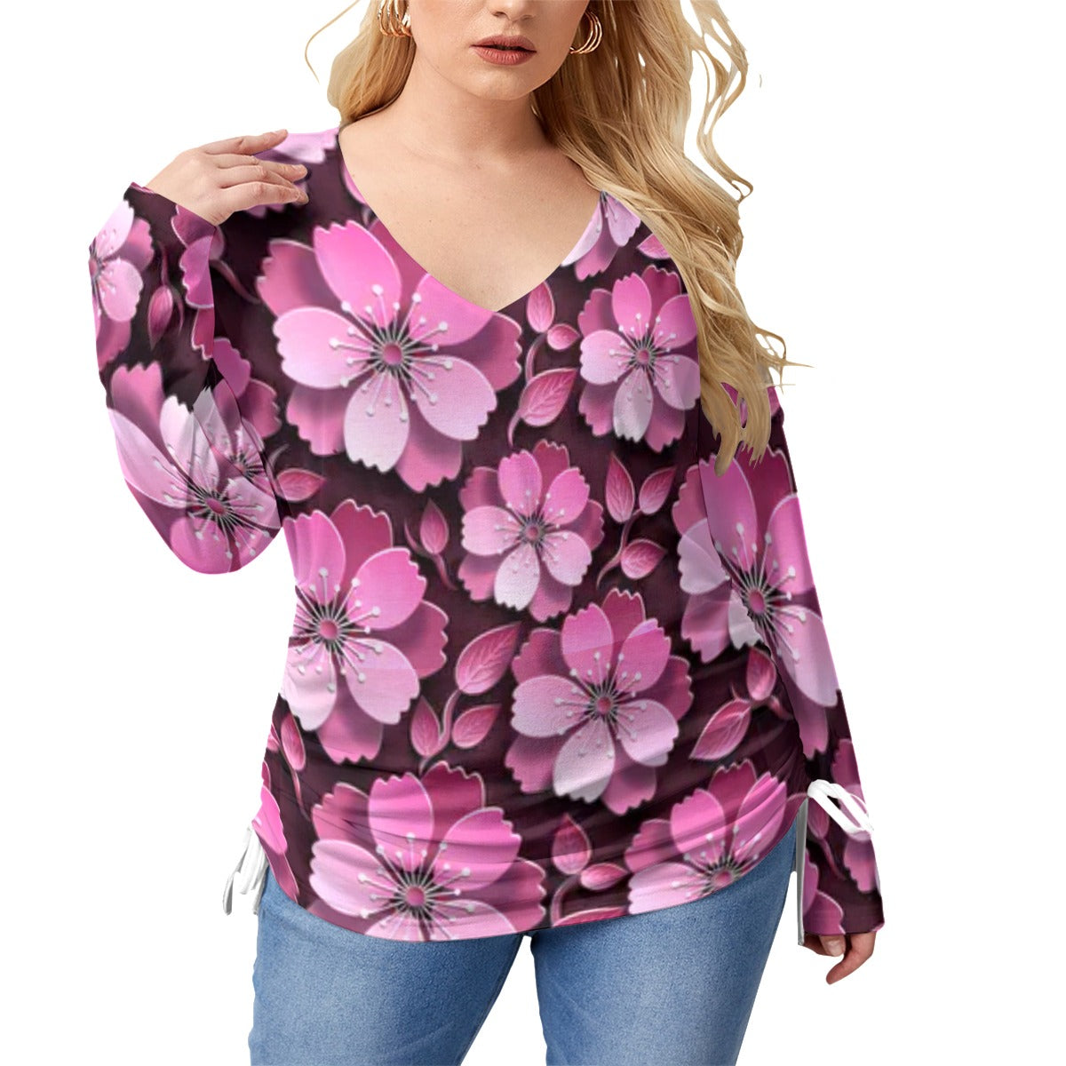 Black With Pink Cherry Blossoms Women’s V-neck T-shirt With Side Drawstring(Plus Size)