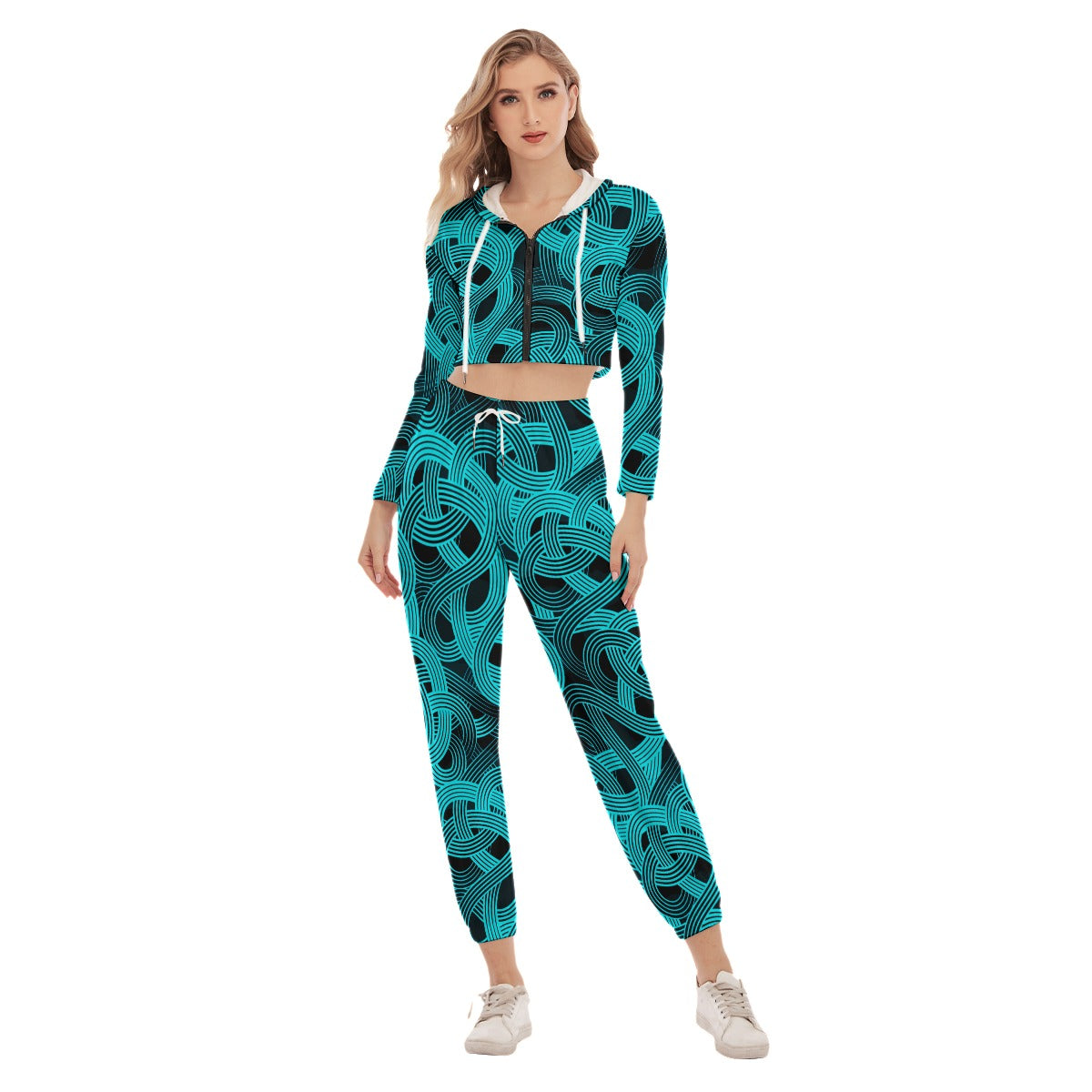 Trippy Teal & Black Noodles Women's Crop Hoodie Sports Sets