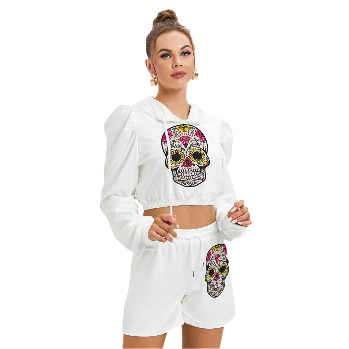 Sugar Skull White Women's Mirco Fleece Hoodie And Shorts Set