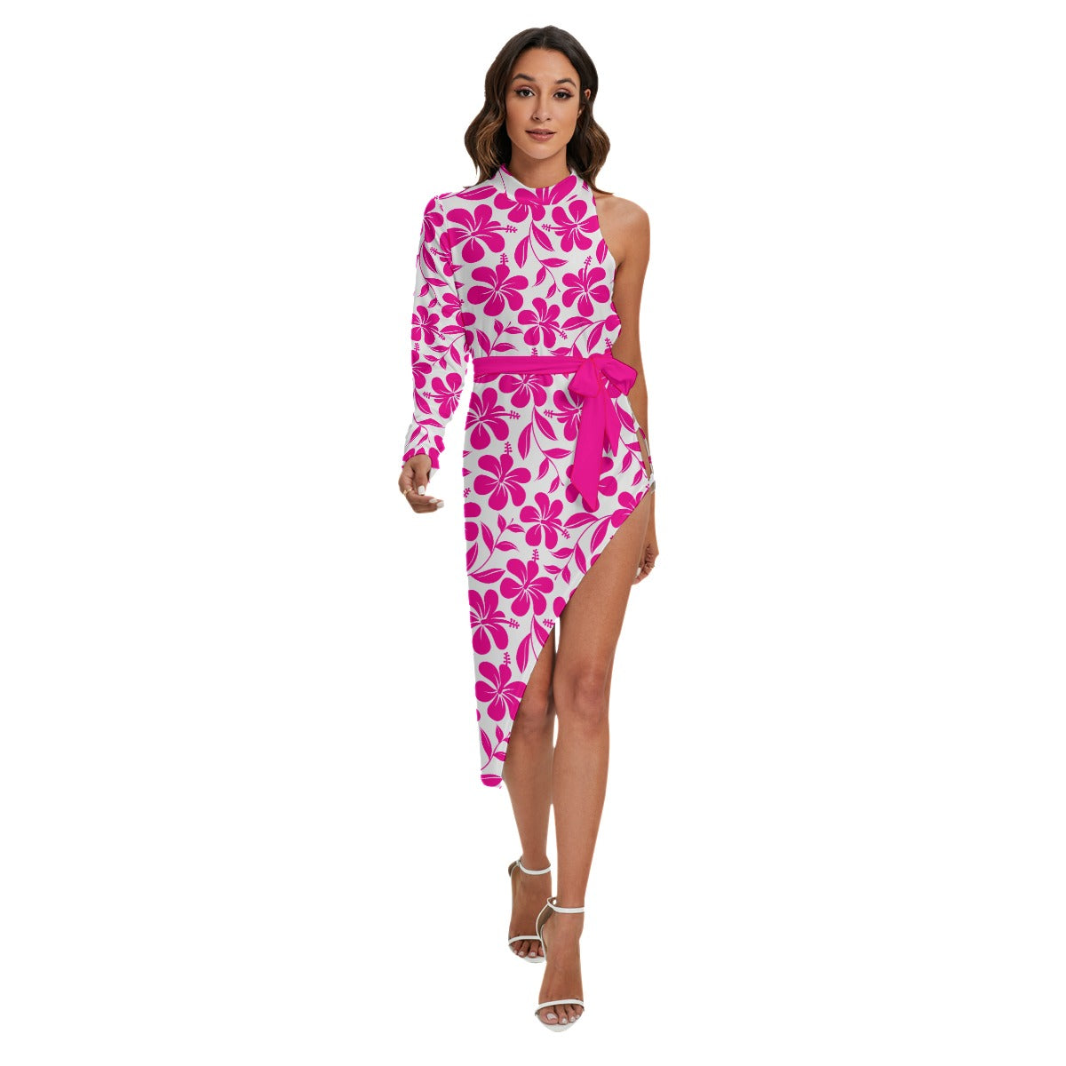 Pink & White Tropical Hibiscus Flowers Women's Side Cutout Dress