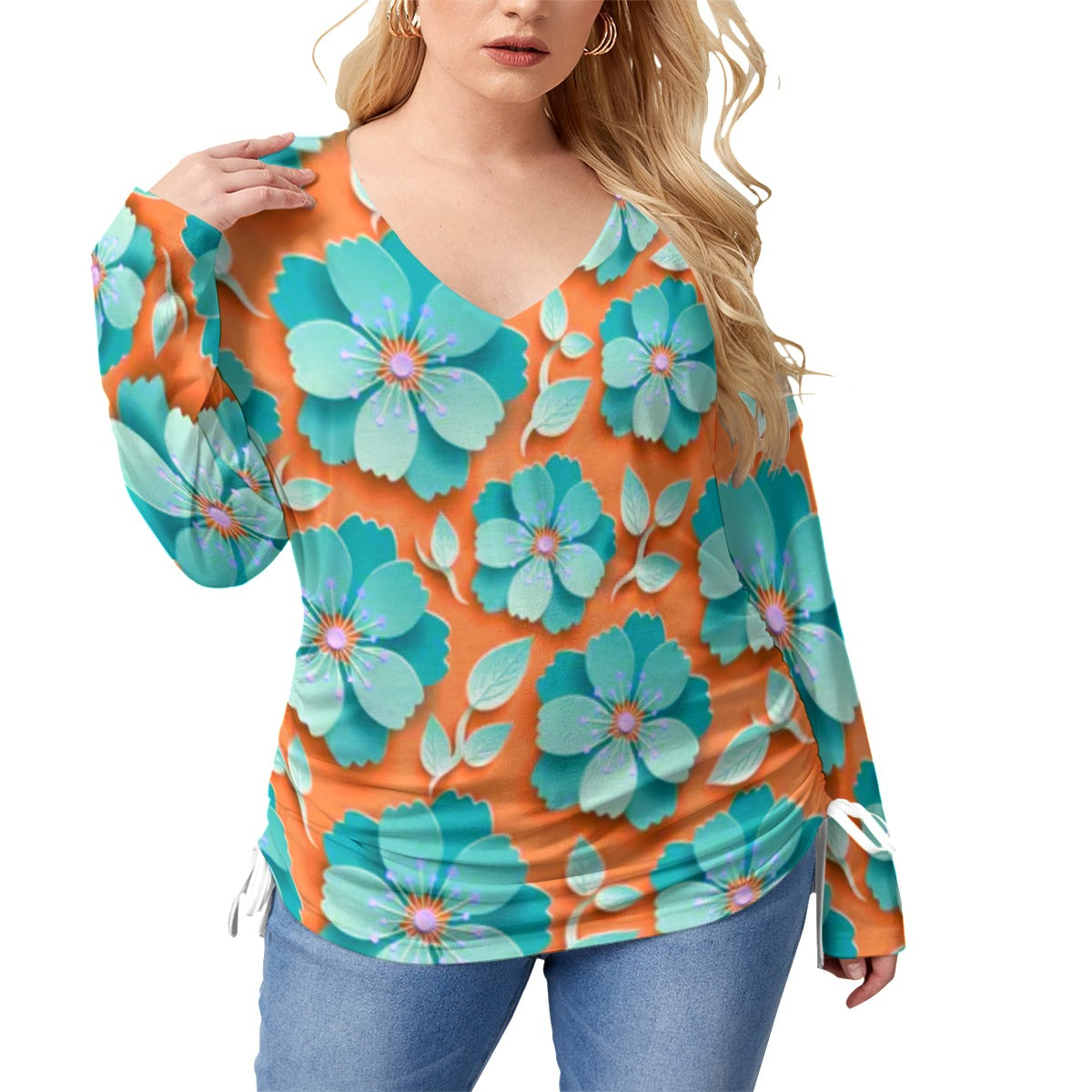 Orange With Light Blue Cherry Blossoms Women’s V-neck T-shirt With Side Drawstring(Plus Size)