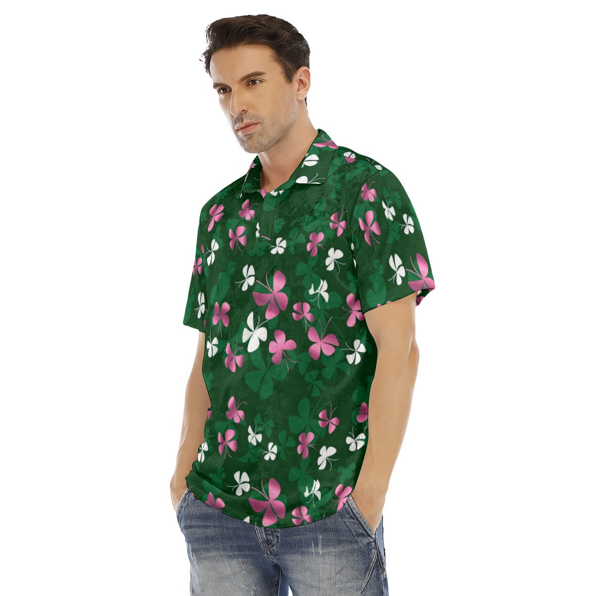 Pink & White Butterfly Men's Polo Shirt | Velvet