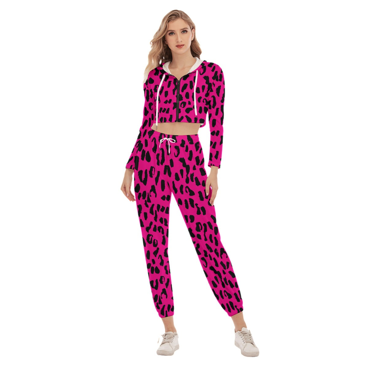 Bellafontes Pink & Black Animal Print Women's Crop Hoodie Sports Sets