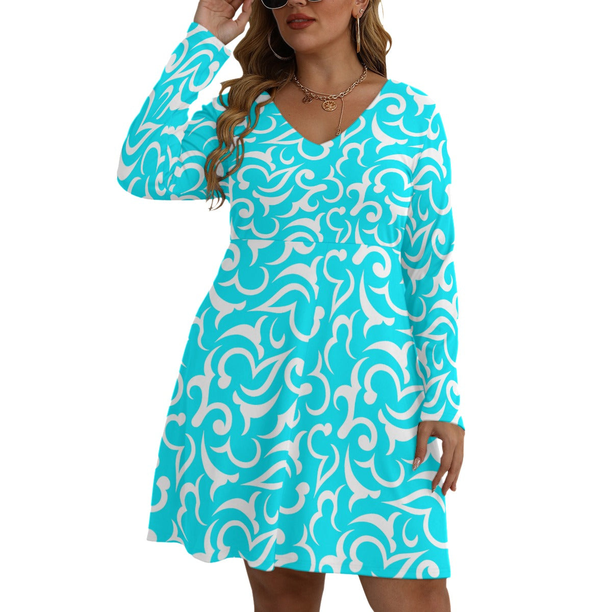 Royalty Made Teal & White Women's V-neck Long Sleeve Dress (Plus Size)