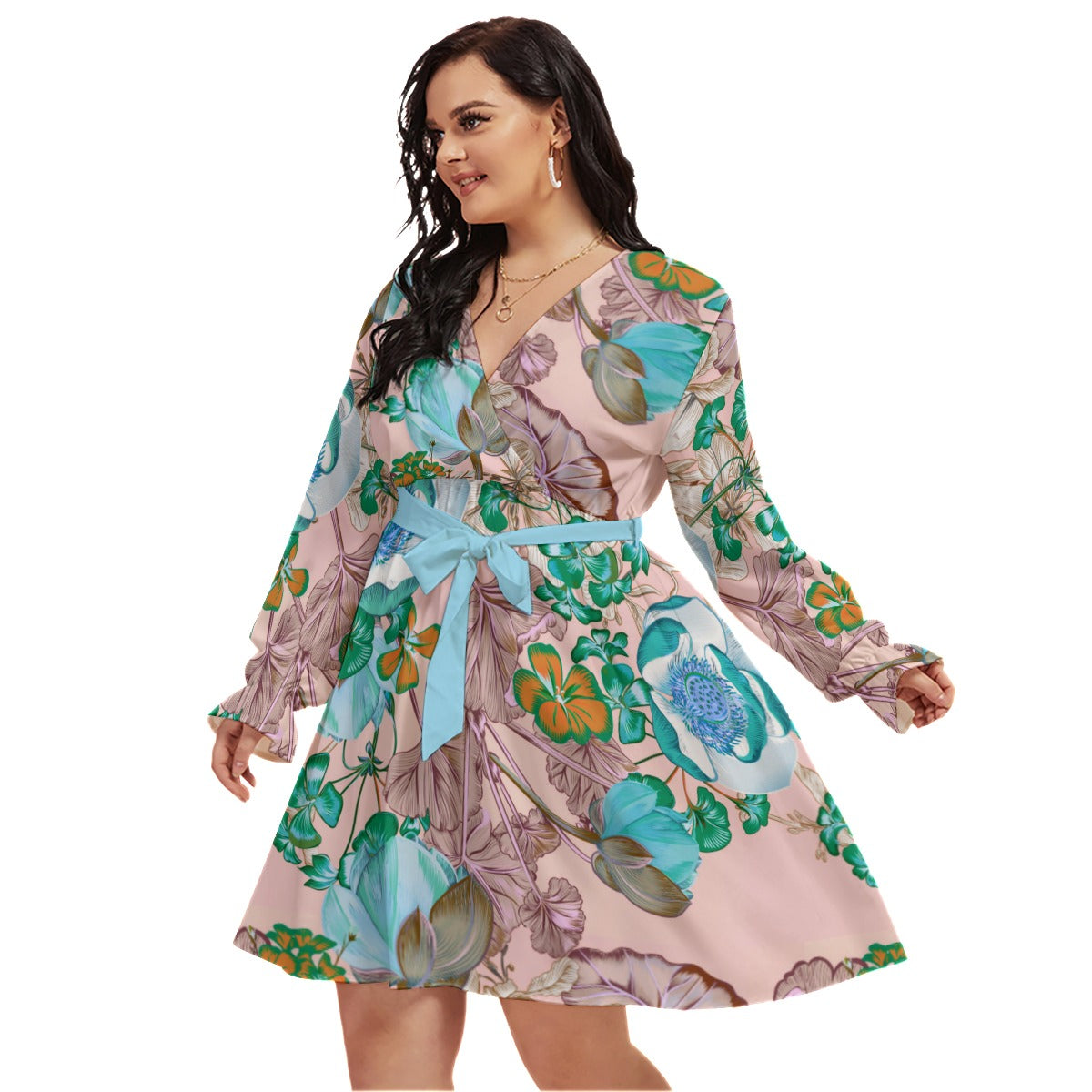 Beautiful Flowers Women's V-neck Dress With Waistband (Plus Size)