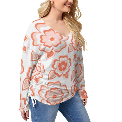 Orange Sakura Flowers & Leaves Women’s V-neck T-shirt With Side Drawstring(Plus Size)