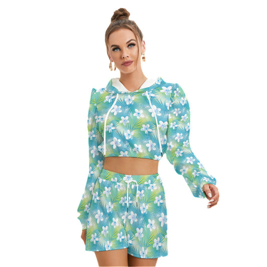 Tropical Frangipani Hibiscus With Palms Women's Mirco Fleece Hoodie And Shorts Set