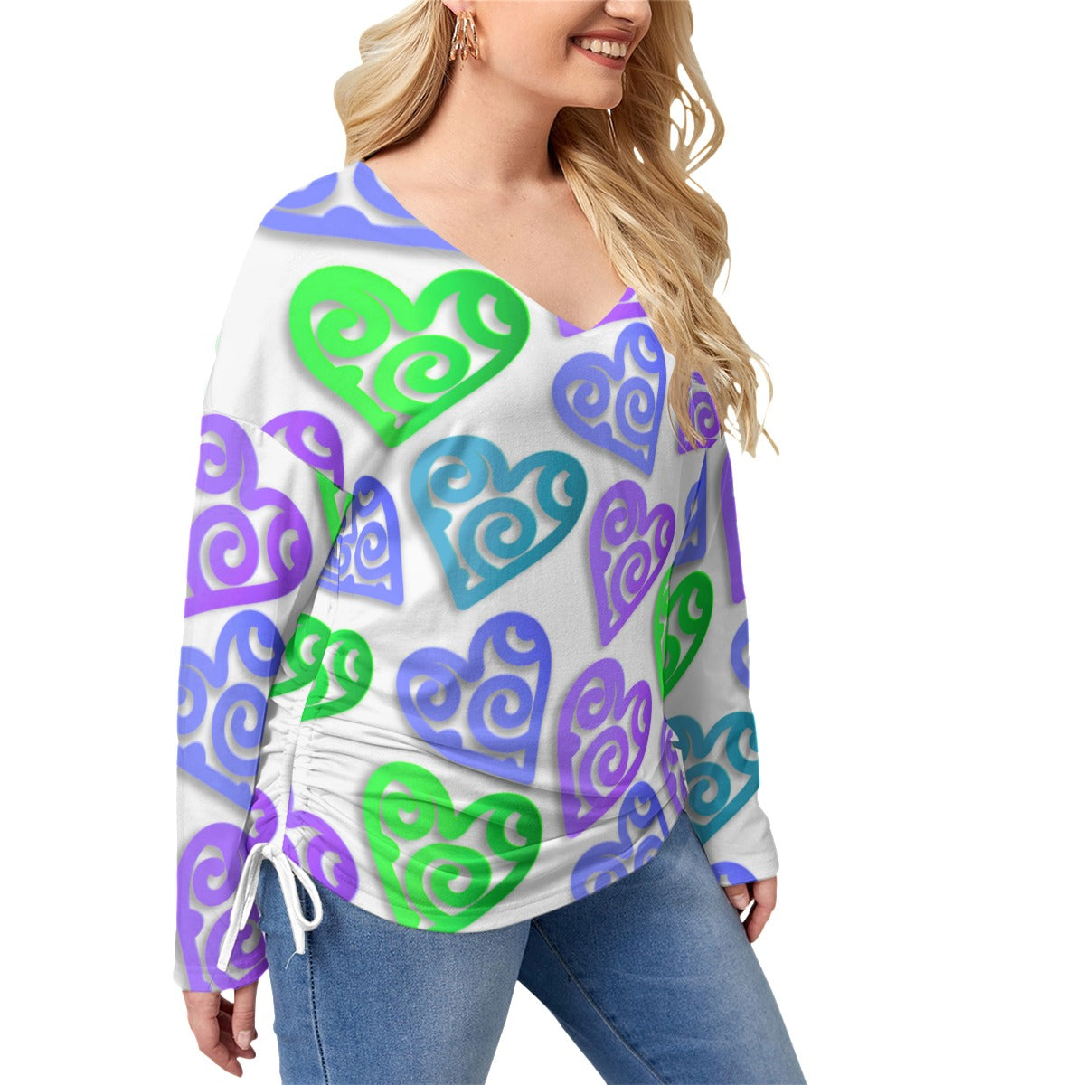 Colorful Paper Hearts Women’s V-neck T-shirt With Side Drawstring(Plus Size)