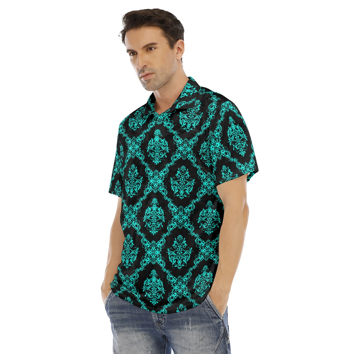 Teal & Black Ethnic Men's Polo Shirt | Velvet