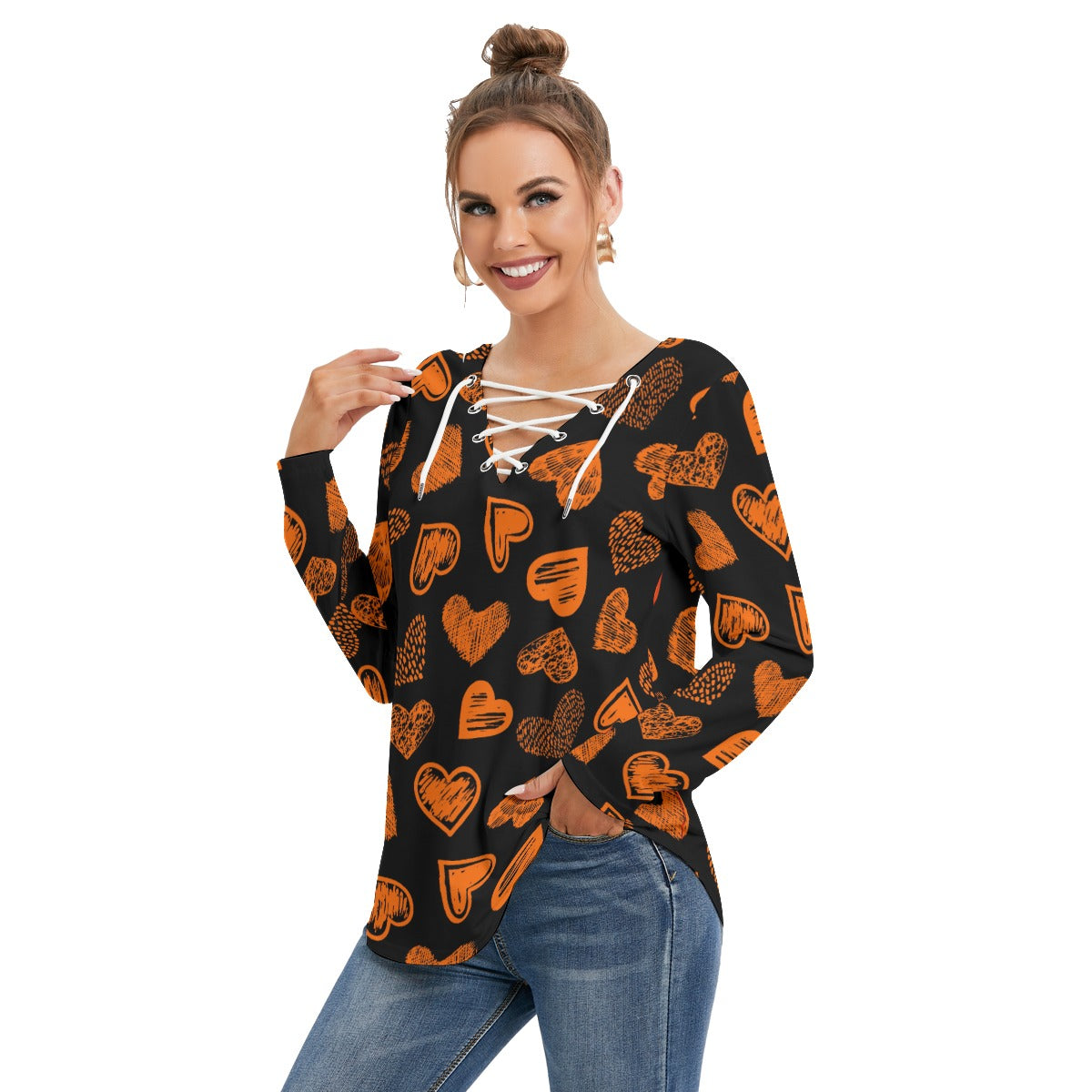 Black With Orange Doodle Hearts Women's Long Sleeve Neckline Tie Sweatshirt