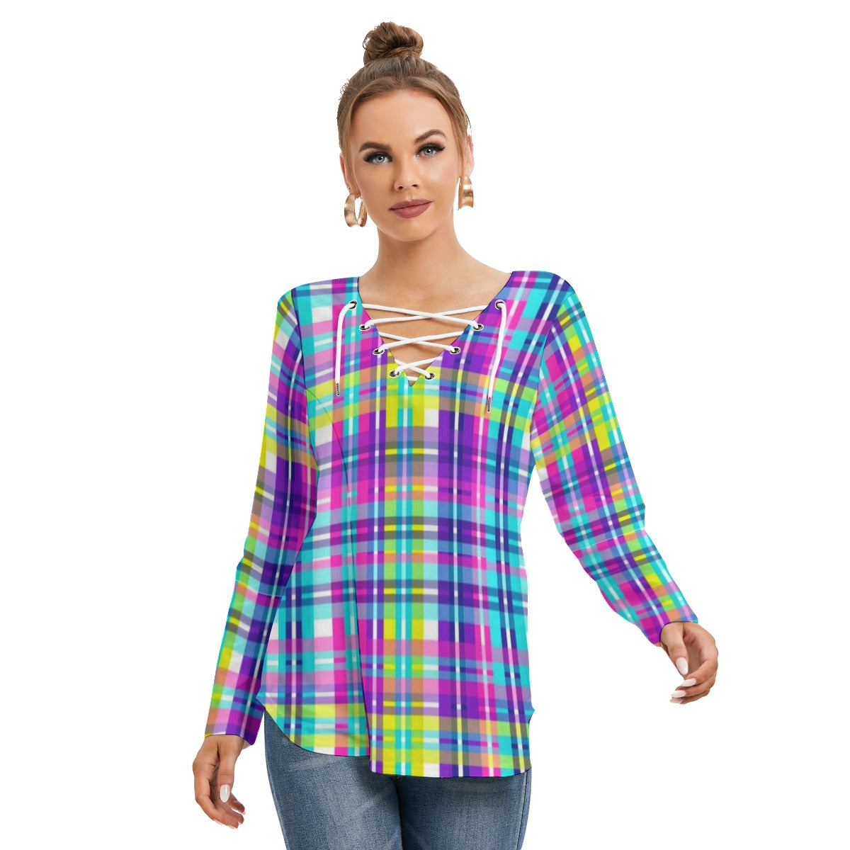 Women's Long Sleeve Colorful Plaid Neckline Tie Sweatshirt