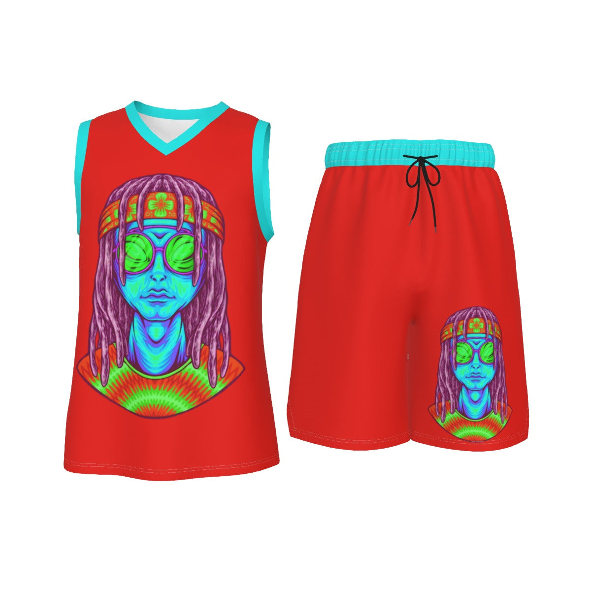 Psychedelic Alien With Dreads Men's V Neck Basketball Suit