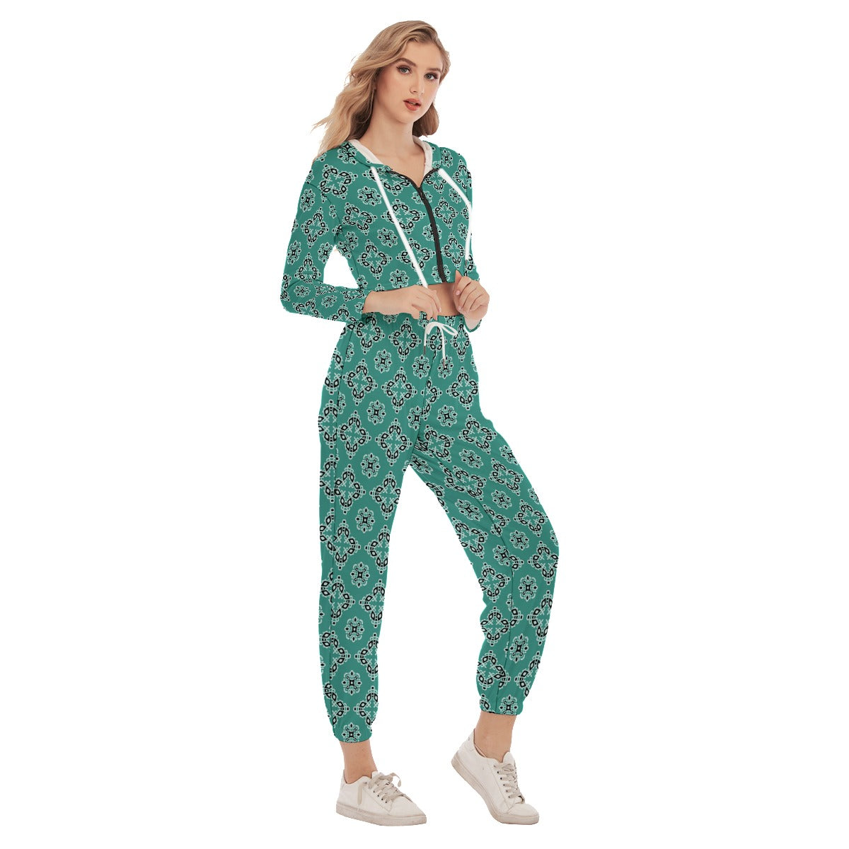 Teal Ethnic Tribal Women's Crop Hoodie Sports Sets