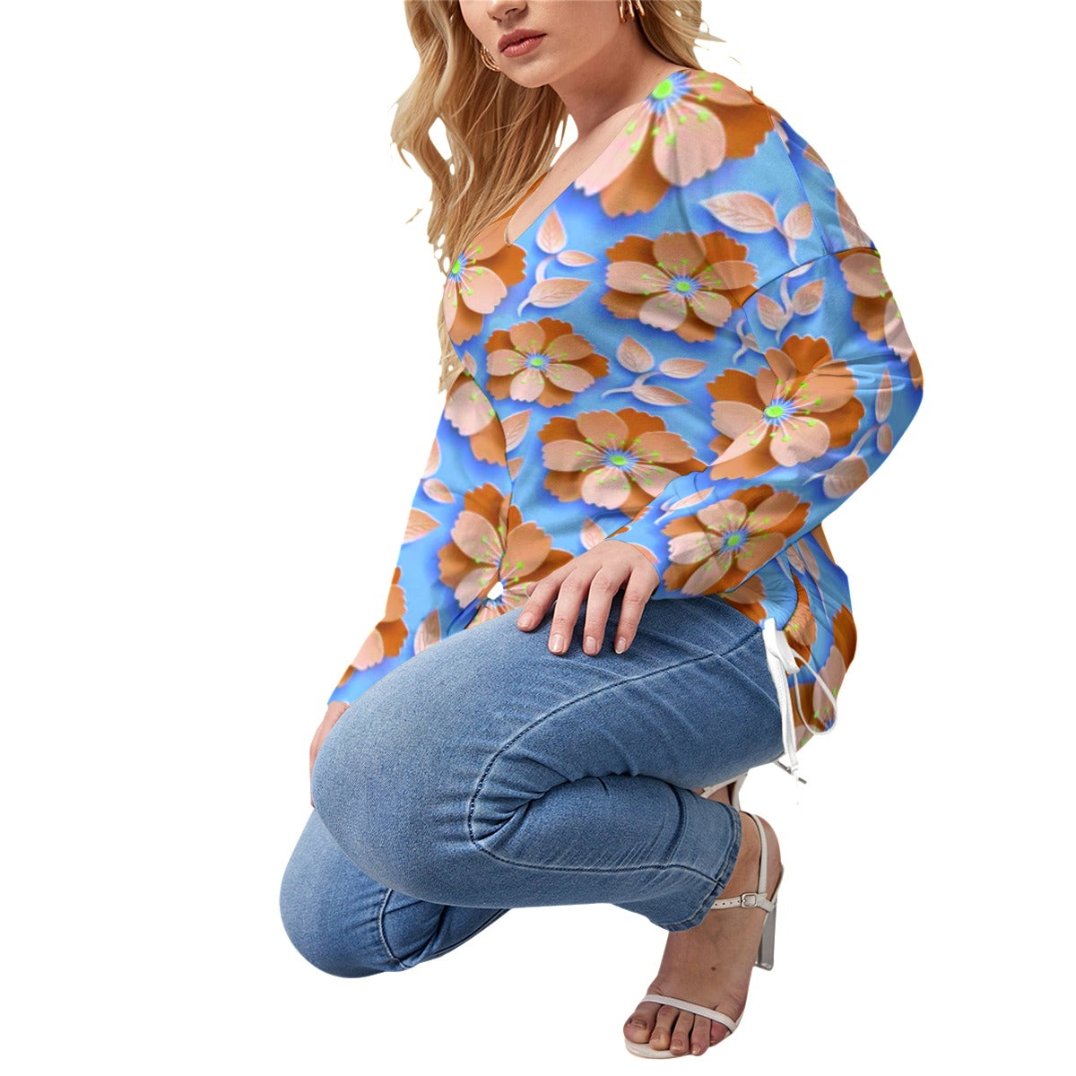 Blue With Orange Cherry Blossoms Women’s V-neck T-shirt With Side Drawstring(Plus Size)