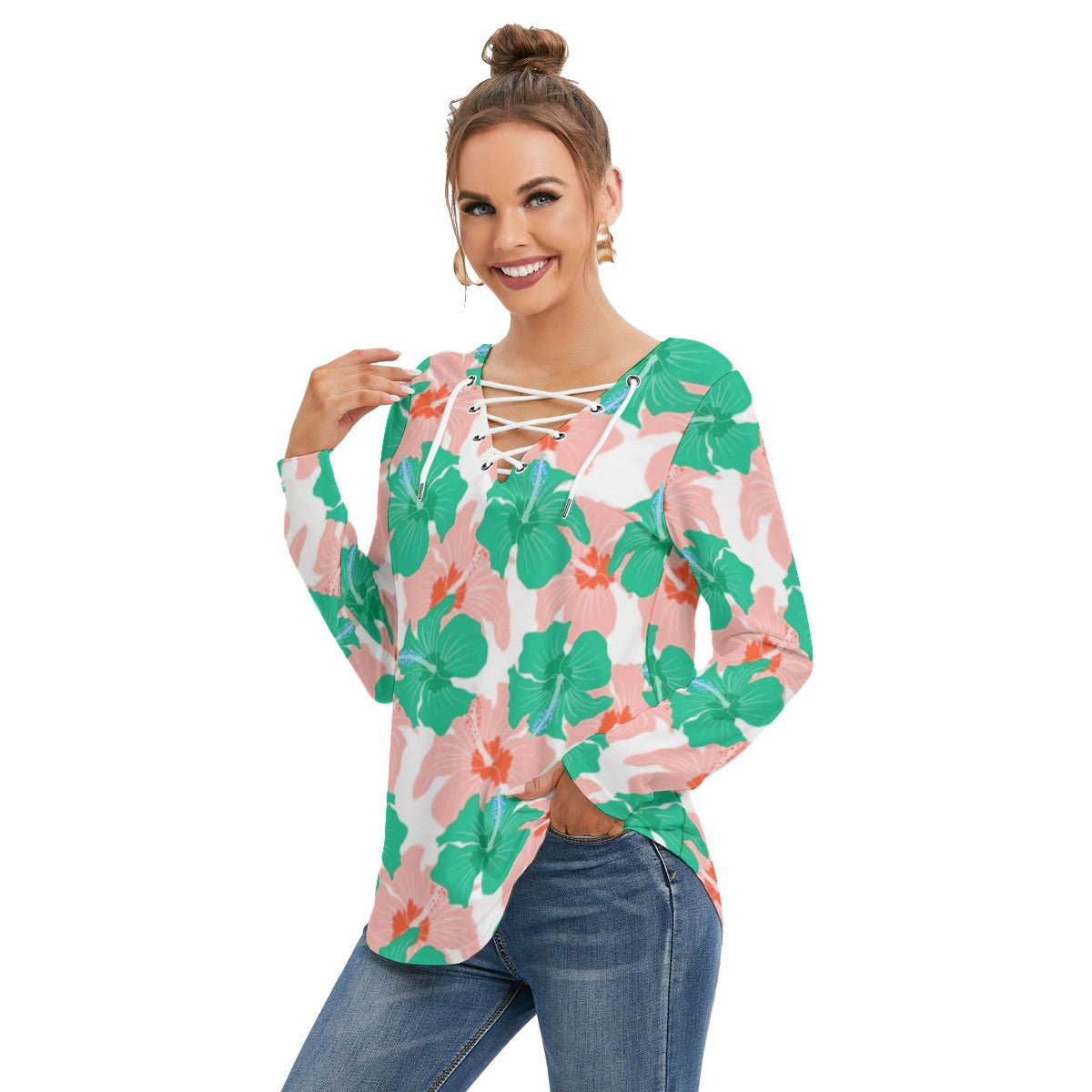 Tropical Flowers Women's Long Sleeve Neckline Tie Sweatshirt