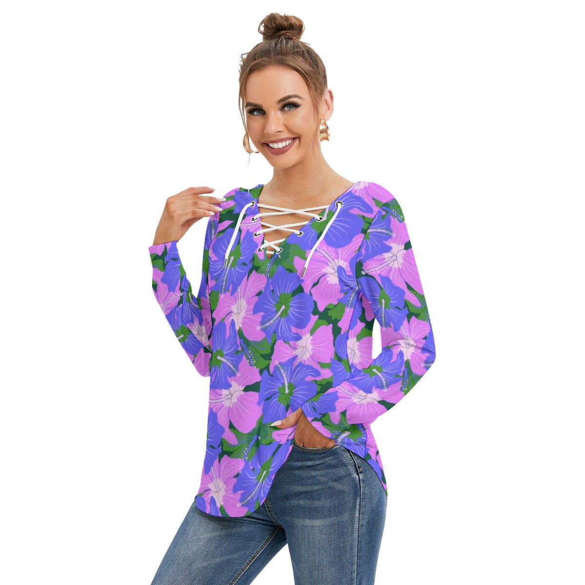 Tropical Flowers Women's Long Sleeve Neckline Tie Sweatshirt