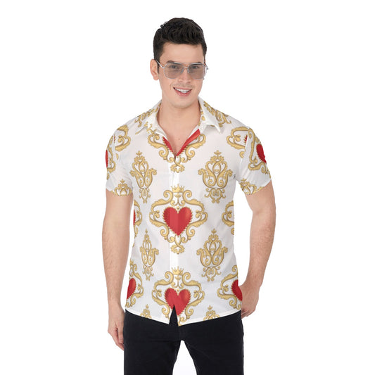 White & Gold Royal Hearts Men's Button Up