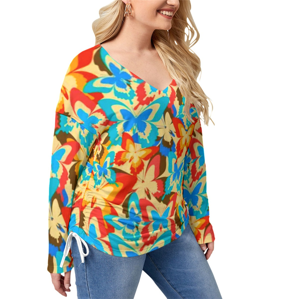 Colorful Butterflies Women’s V-neck T-shirt With Side Drawstring(Plus Size)