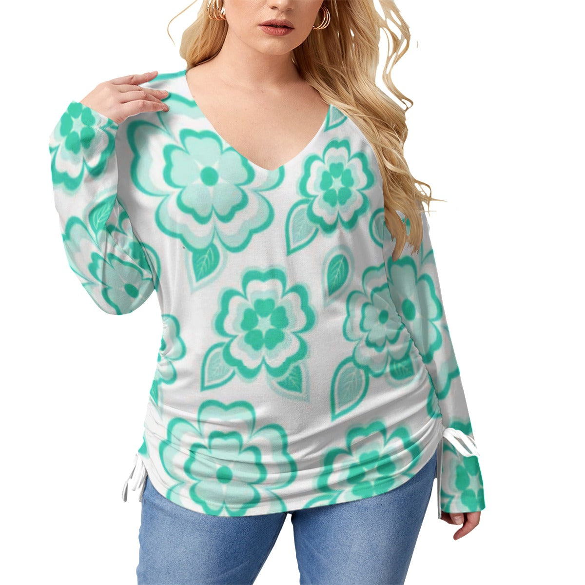 Green Sakura Flowers & Leaves Women’s V-neck T-shirt With Side Drawstring(Plus Size)