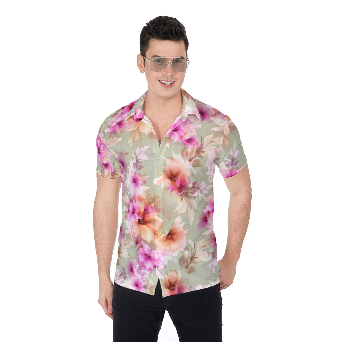 Pink & Red Abstract Flowers Men's Button Up