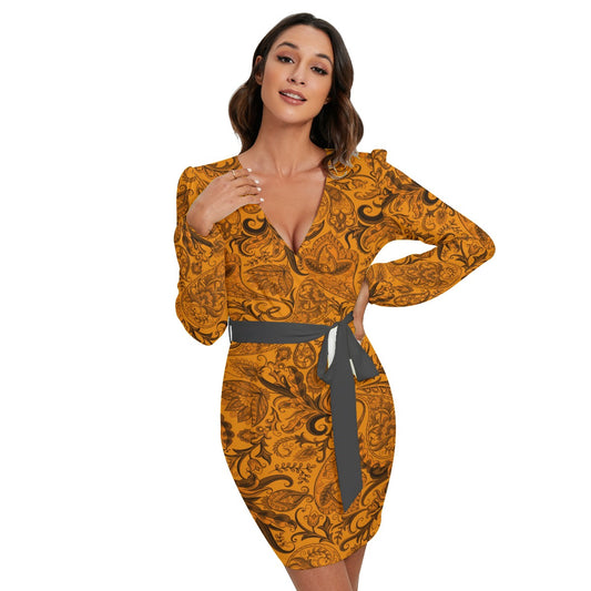 Cute Flower Orange & Black Long Sleeve Dress With Waist Belt