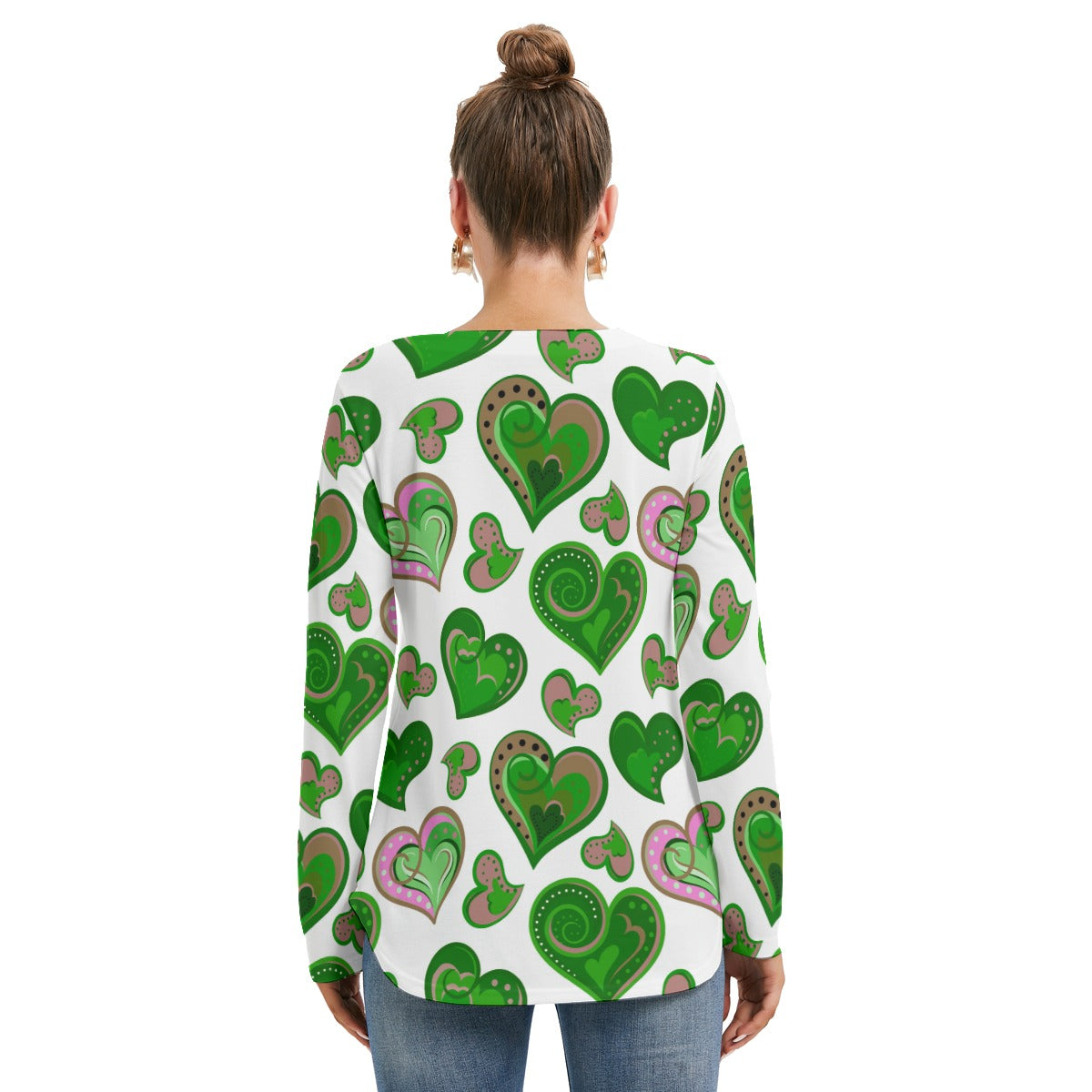 Colorful Doodle Hearts Women's Long Sleeve Neckline Tie Sweatshirt