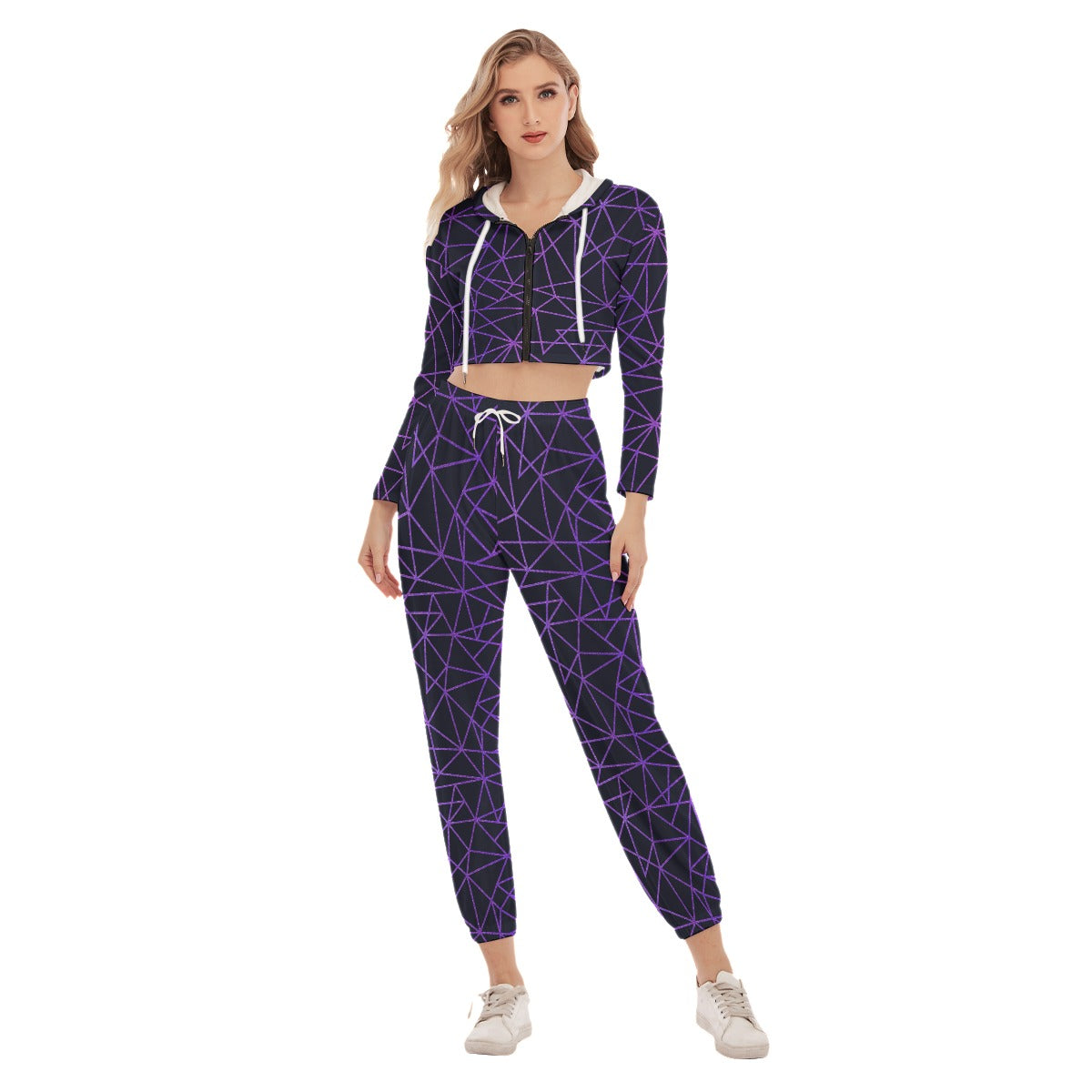 Purple & Black Triangle Women's Crop Hoodie Sports Sets