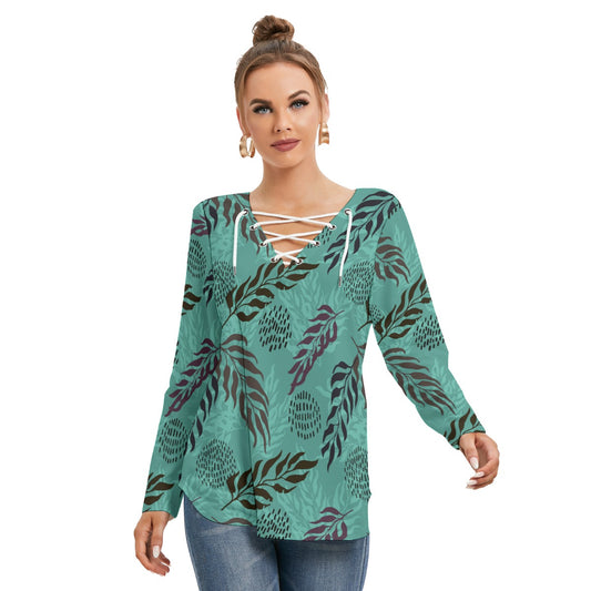 Exotic Leaves Women's Long Sleeve Neckline Tie Sweatshirt