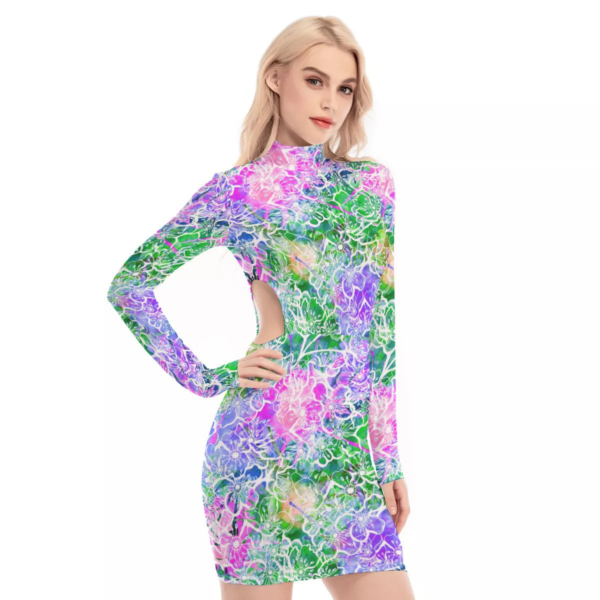 Colorful Flowers Waist Hollow Hip Dress