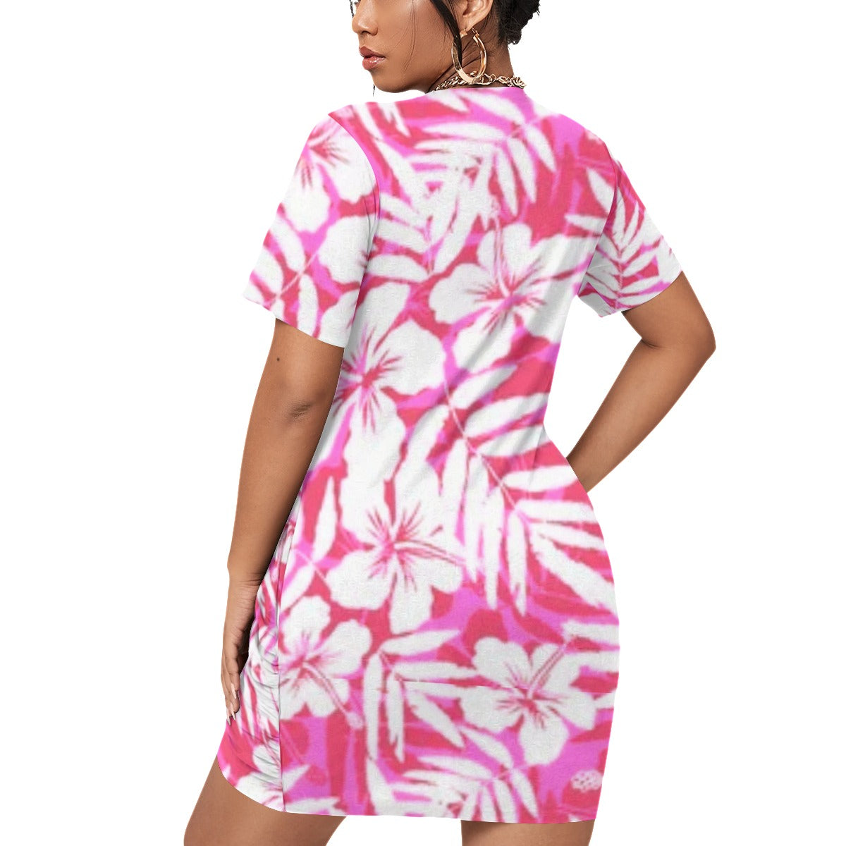 Pink Tropical Flowers Women’s Stacked Hem Dress With Short Sleeve （Plus Size）