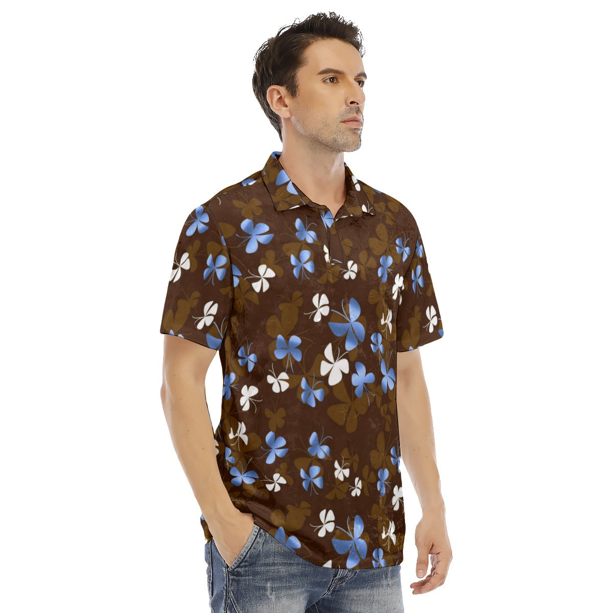 Blue & White Butterfly Men's Polo Shirt | Velvet