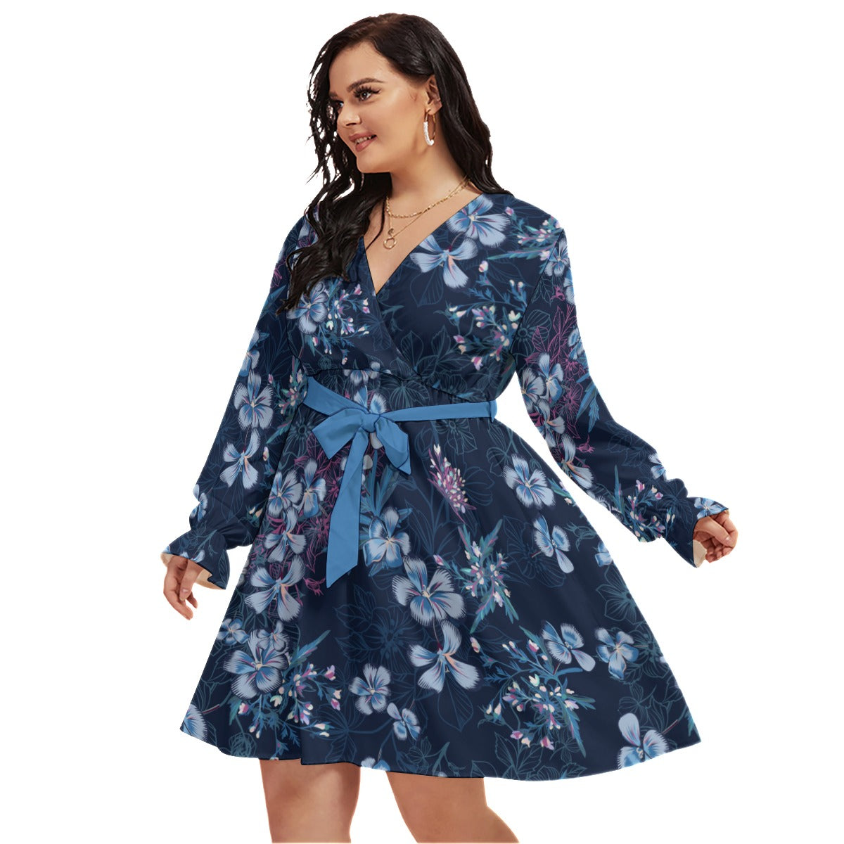 Blue Flowers Women's V-neck Dress With Waistband (Plus Size)