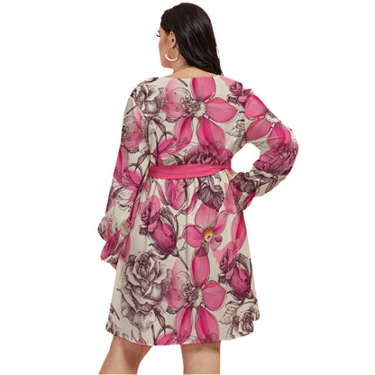 Retro Style Pink Roses Women's V-neck Dress With Waistband (Plus Size)