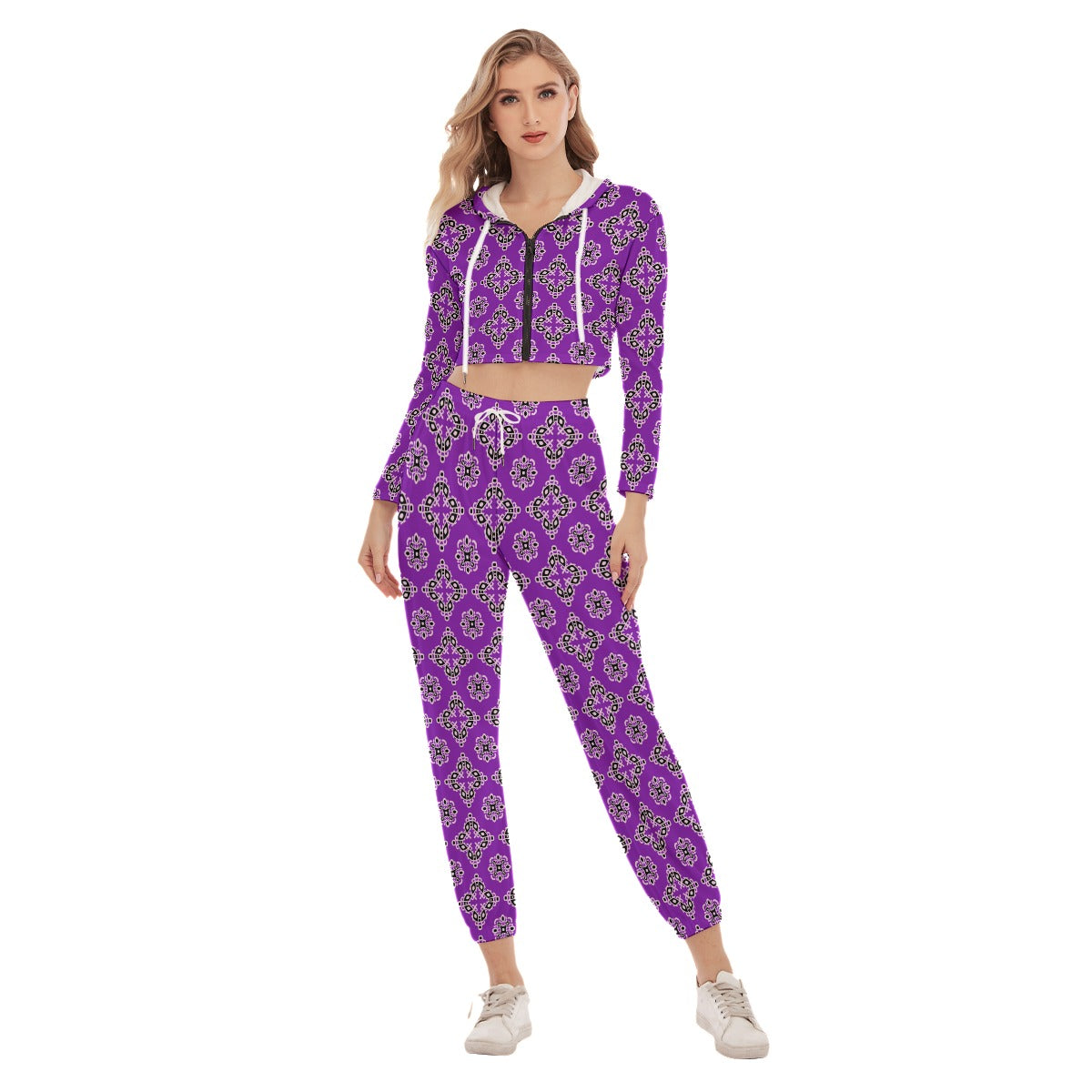 Purple Ethnic Tribal Women's Crop Hoodie Sports Sets