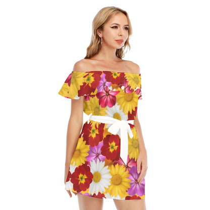 Colorful Flowers Off-shoulder Dress With Ruffle