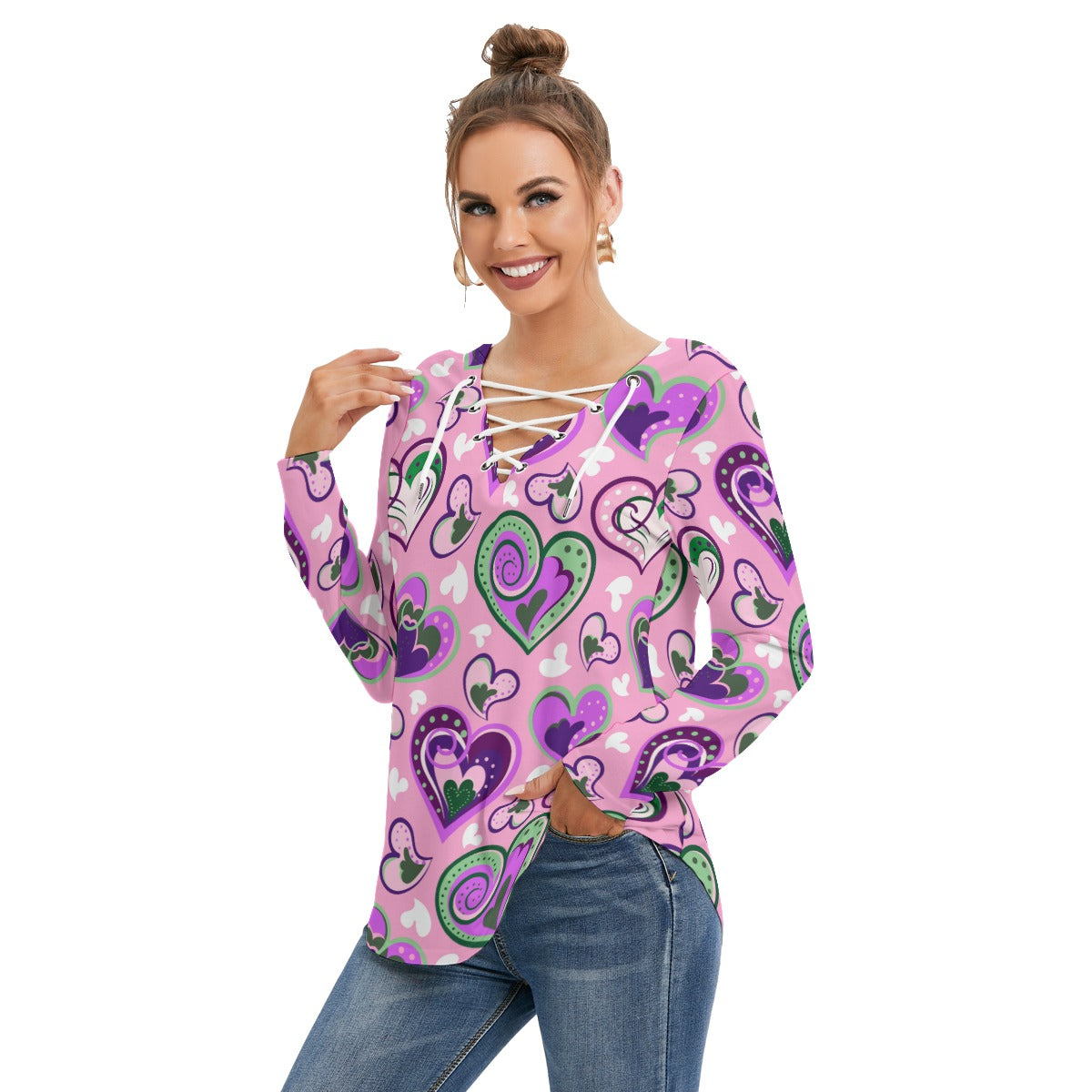 Colorful Doodle Hearts Women's Long Sleeve Neckline Tie Sweatshirt