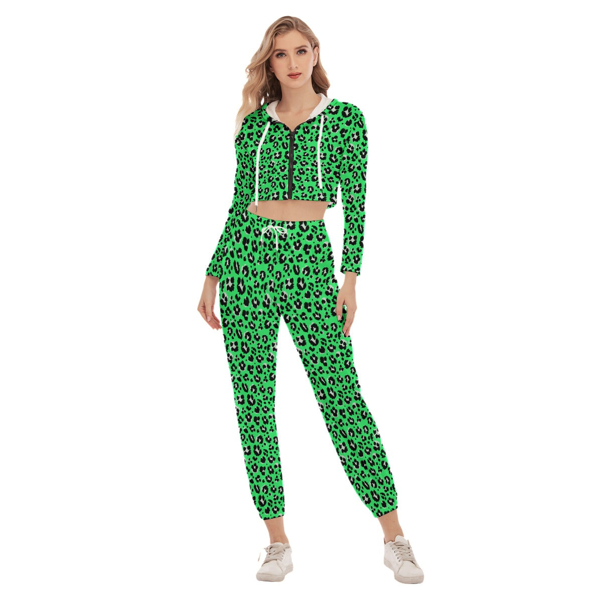 Bellafontes Green & Black Animal Print Women's Crop Hoodie Sports Sets