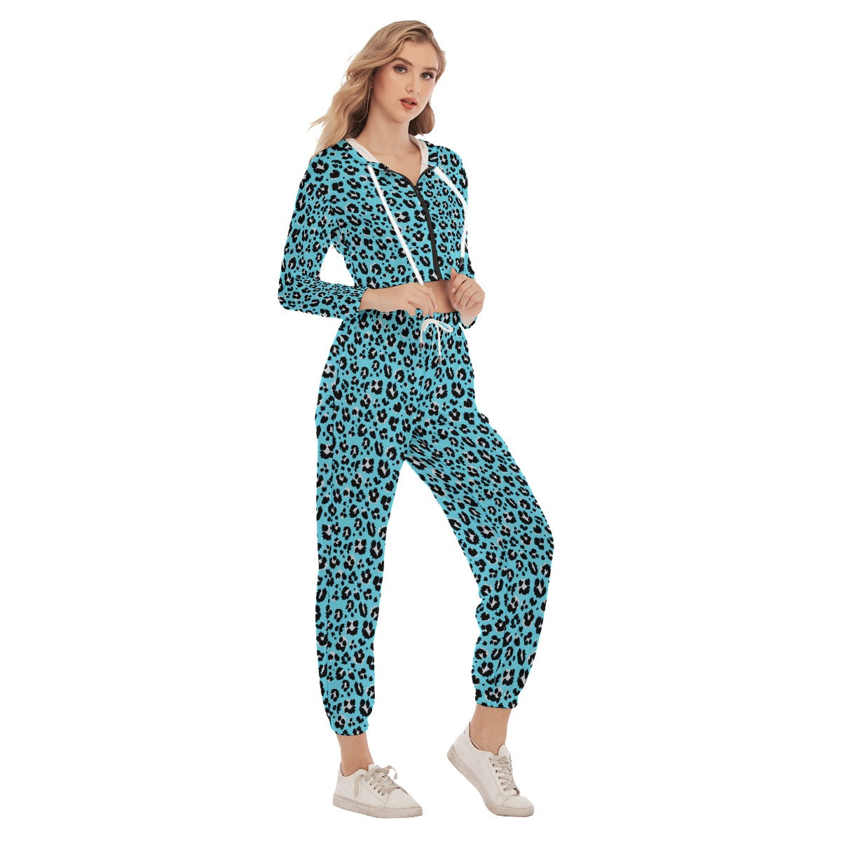 Bellafontes Light Blue & Black Animal Print Women's Crop Hoodie Sports Sets