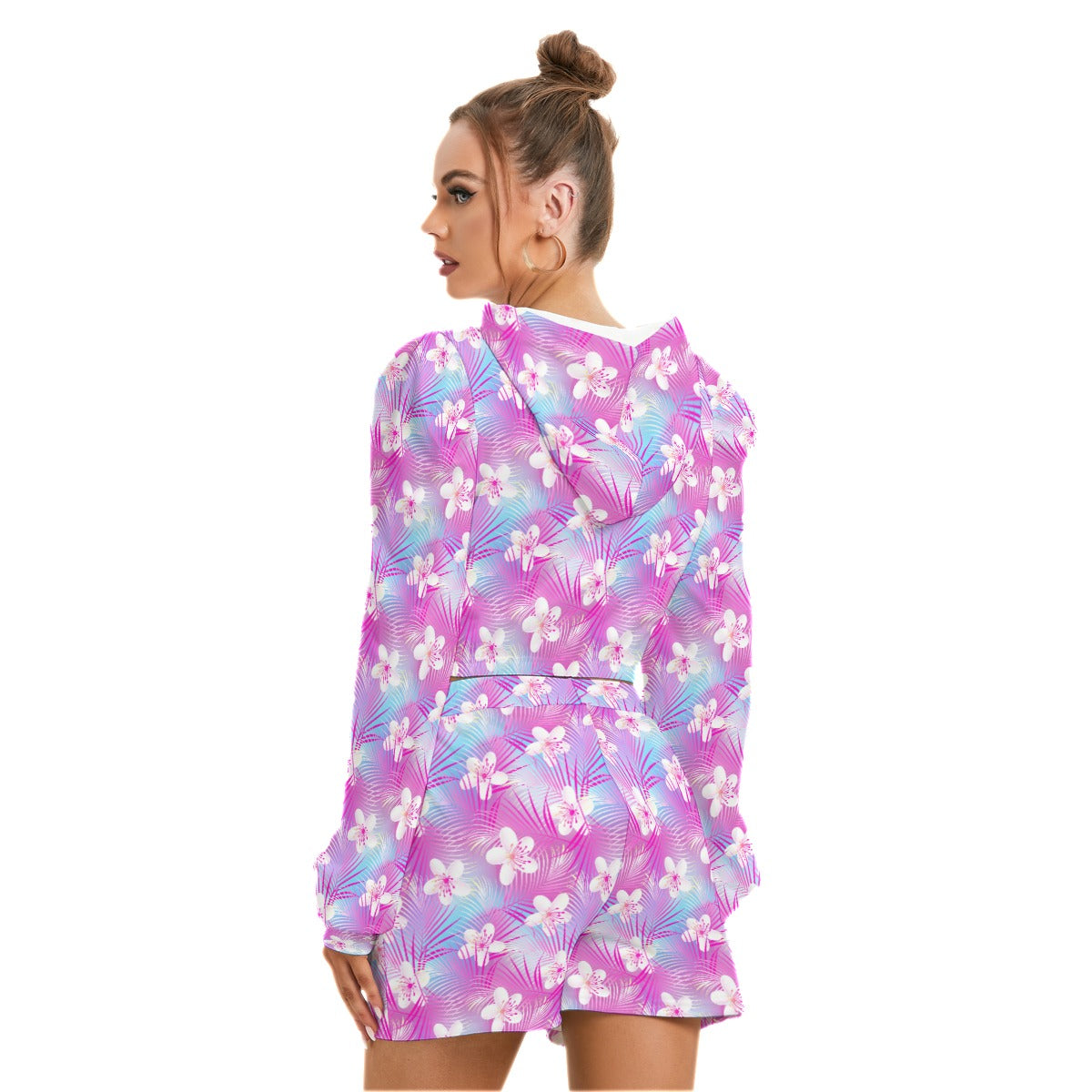 Tropical Frangipani Hibiscus With Palms Women's Mirco Fleece Hoodie And Shorts Set