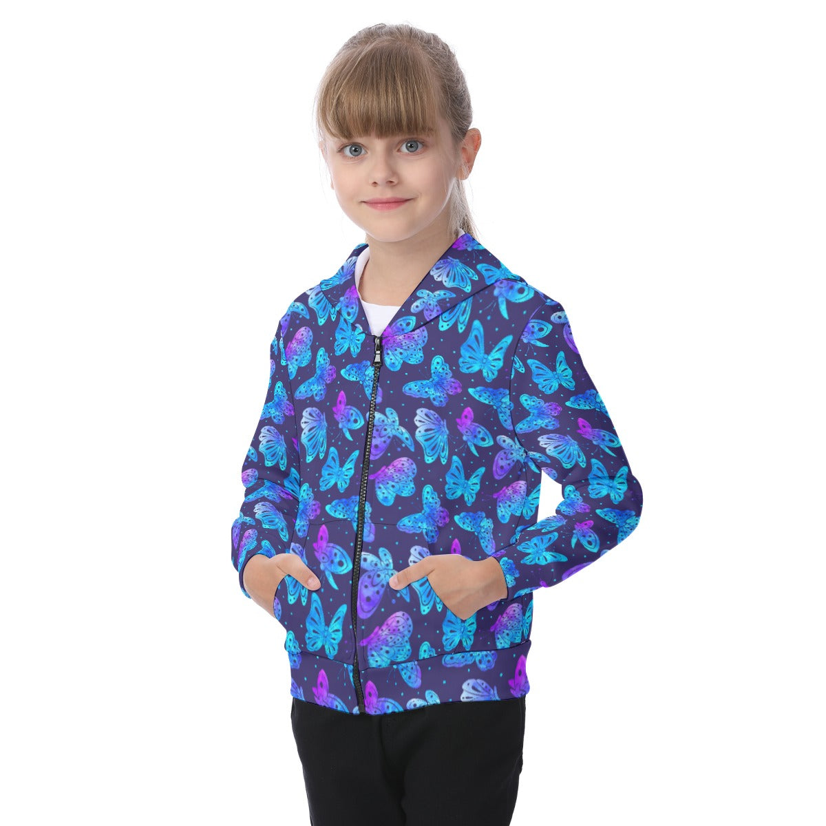 Kid's Colorful Butterflies Zip-up Hoodie With Patch Pocket