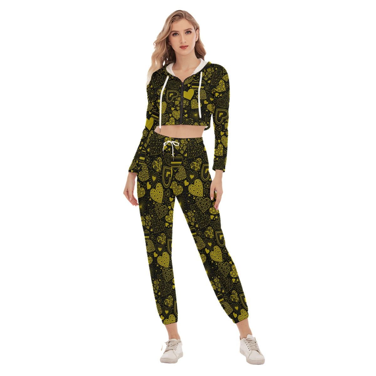 Black & Yellow Hearts Women's Crop Hoodie Sports Sets