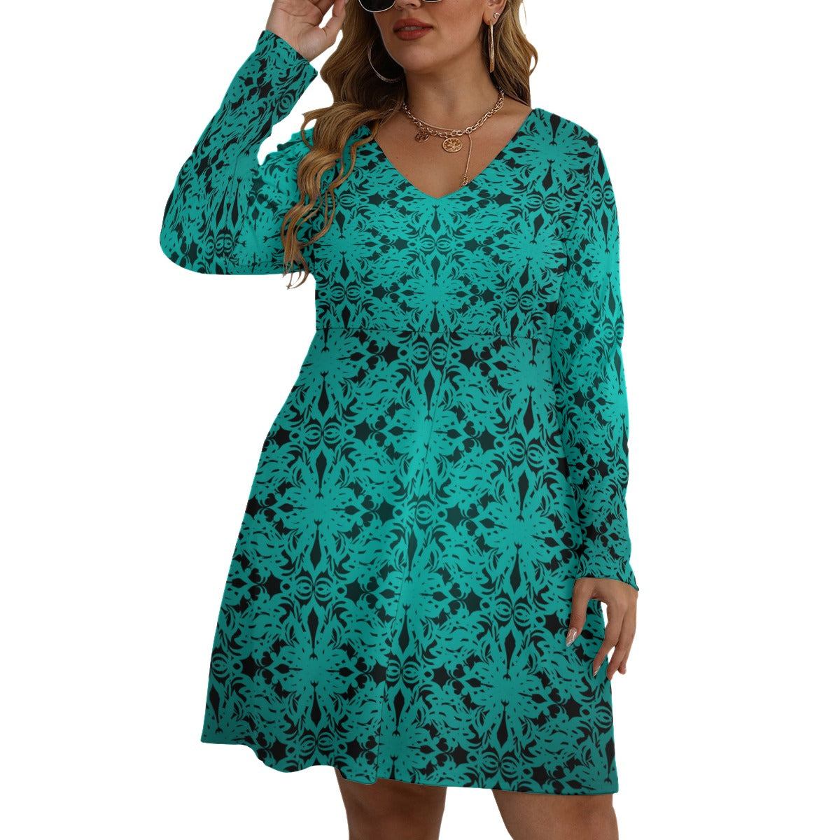 Royalty Made Teal & Black Women's V-neck Long Sleeve Dress (Plus Size)