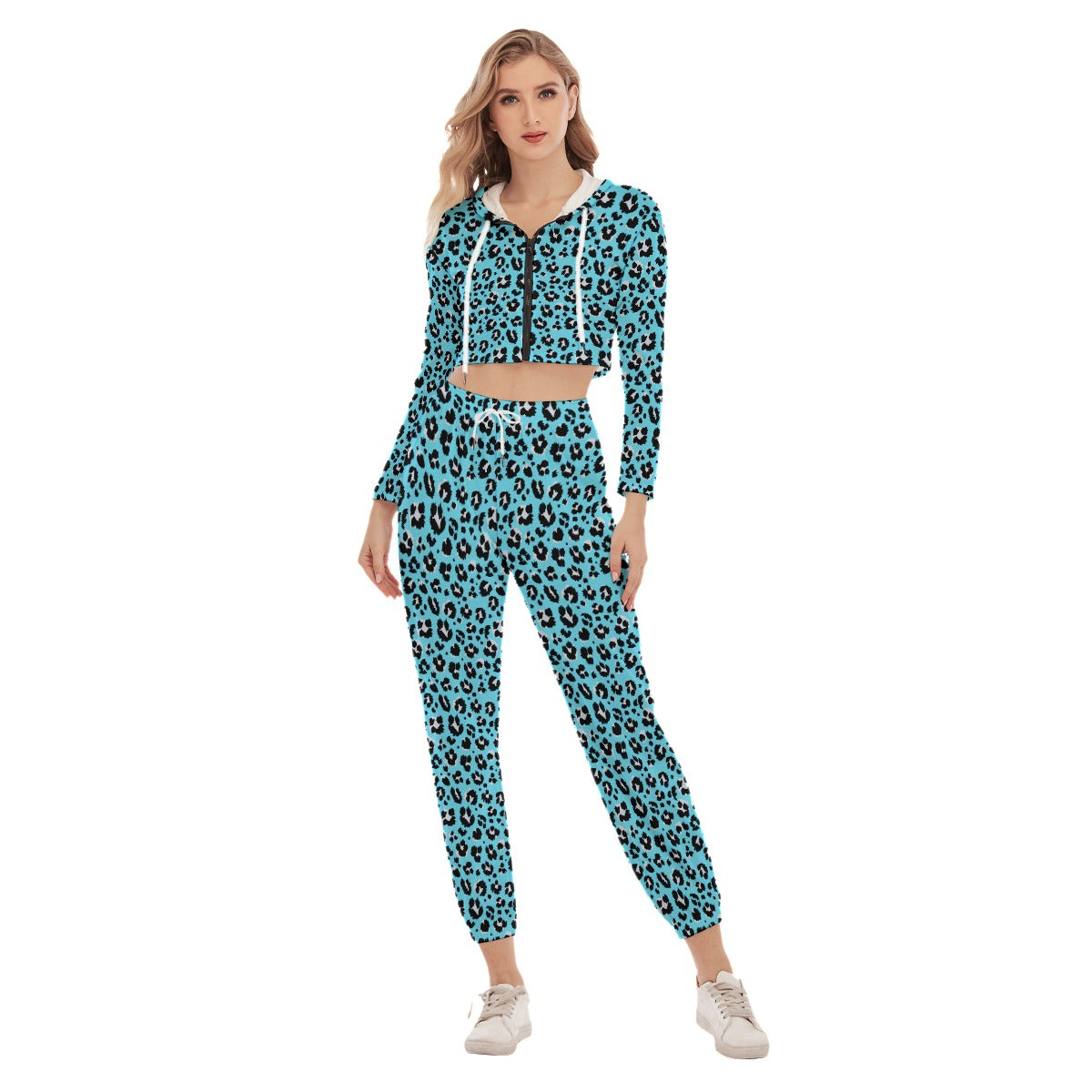 Bellafontes Light Blue & Black Animal Print Women's Crop Hoodie Sports Sets