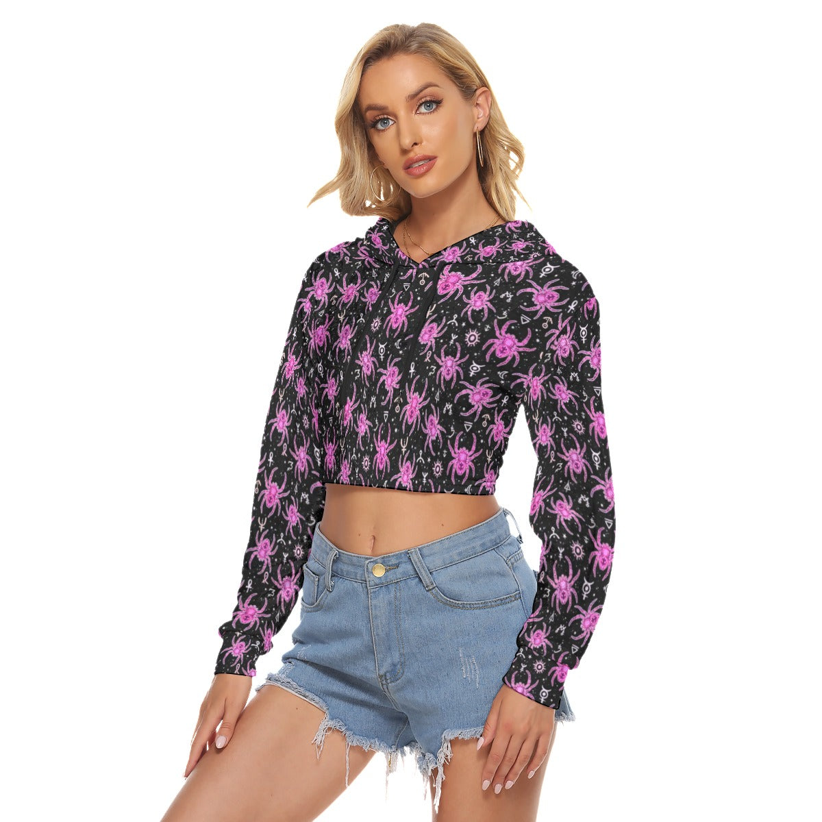 Pink Magical Spiders Women's Crop Top Hoodie|Velvet